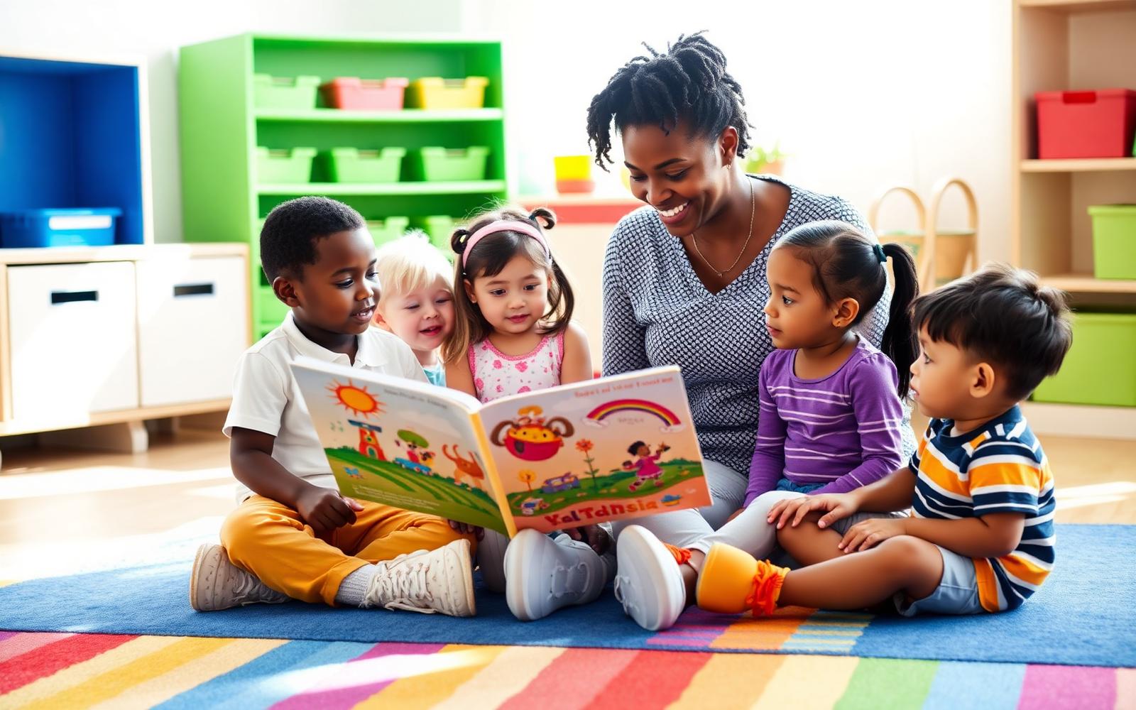 Children gathered on a rainbow rug as their teacher reads a picture book
