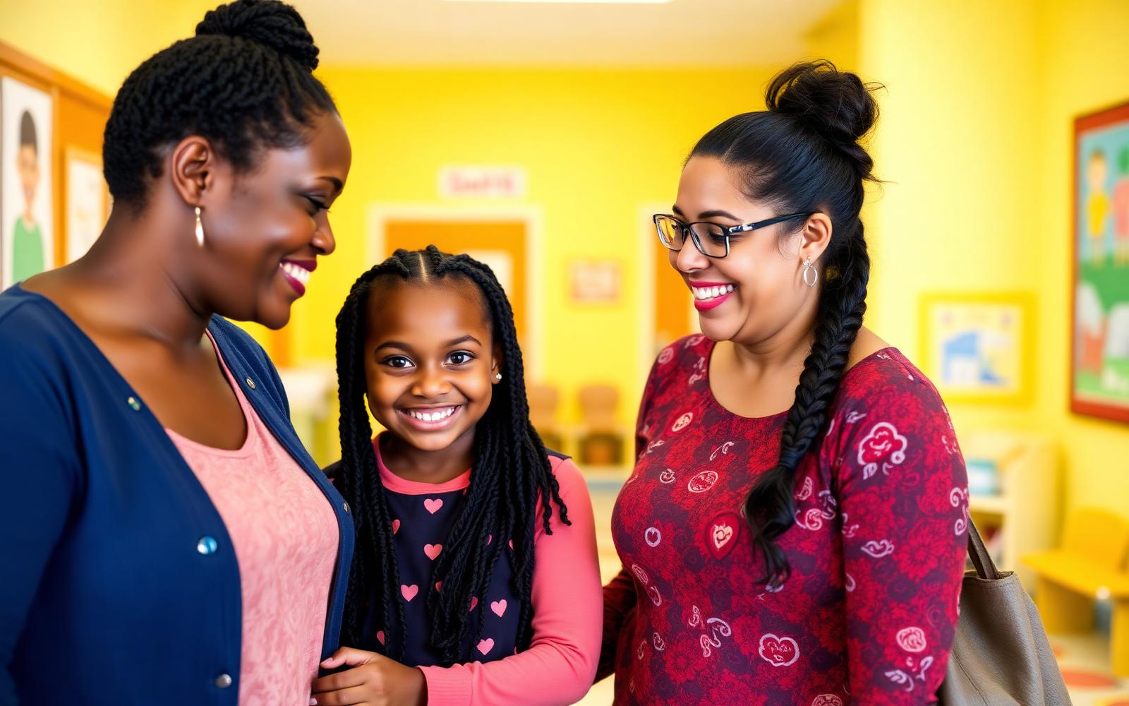 A parent and child being welcomed at the school's front desk