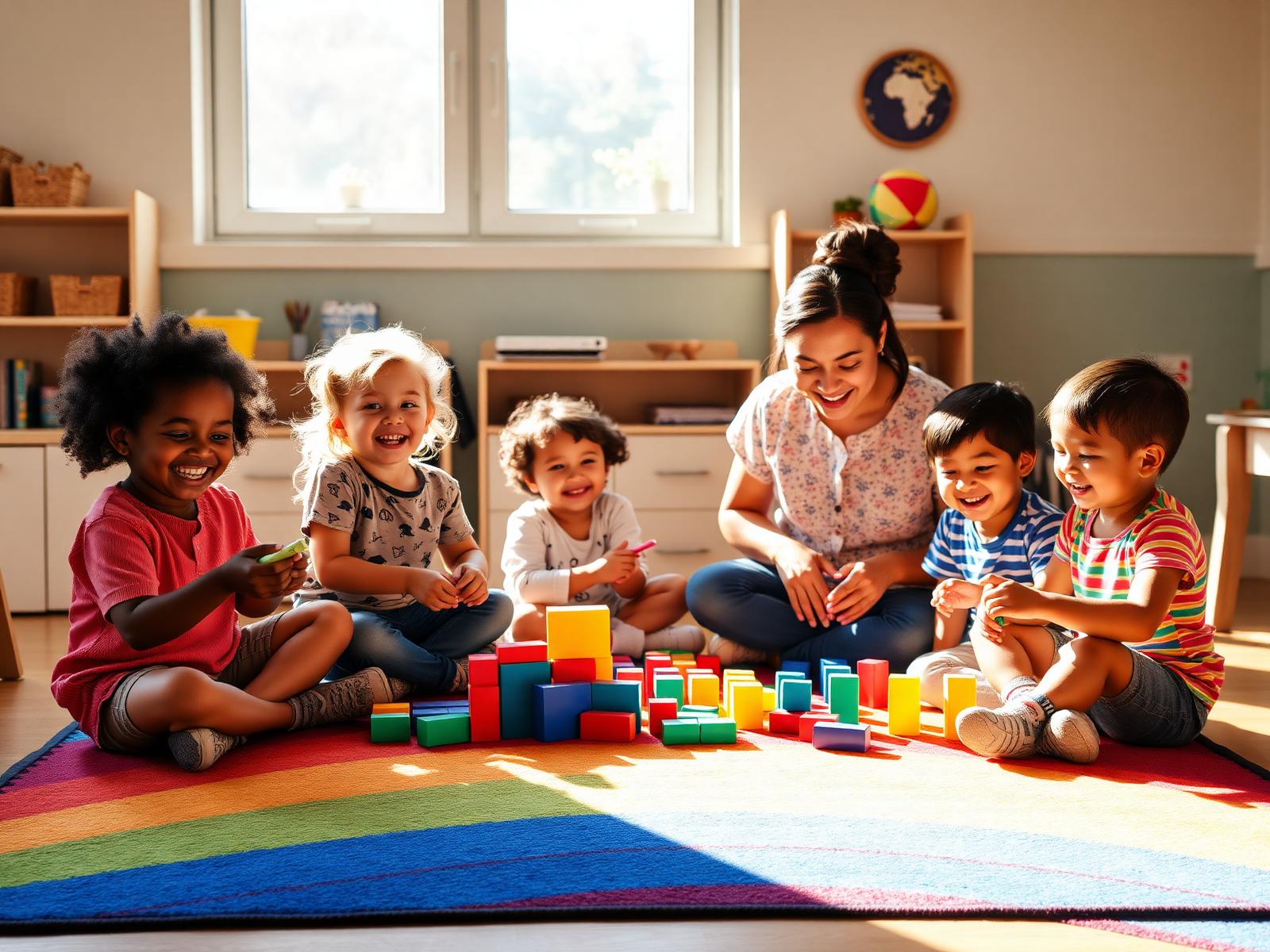 Smiling children building with colorful blocks and painting on a rainbow rug with their teacher