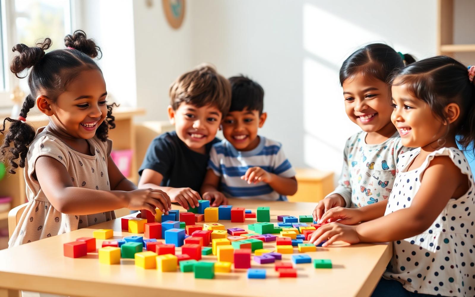 Preschoolers exploring letter tiles, counting blocks, and plants together