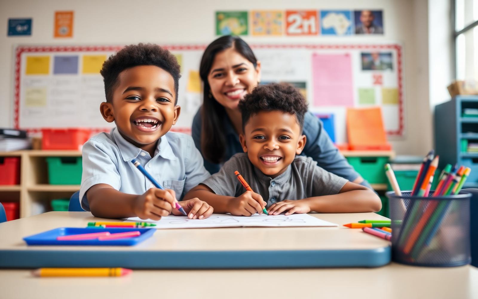 A smiling child drawing with crayons beside a teacher