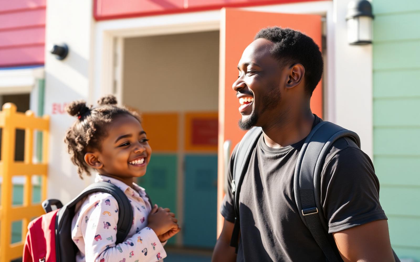 A parent laughing with her children at school pickup