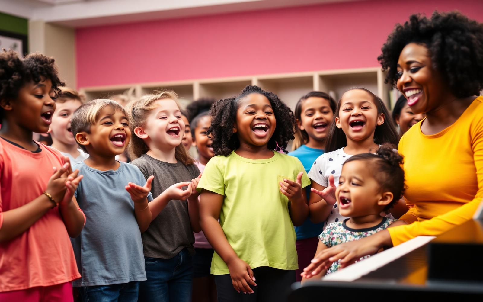 Children singing joyfully in the student choir with their teacher