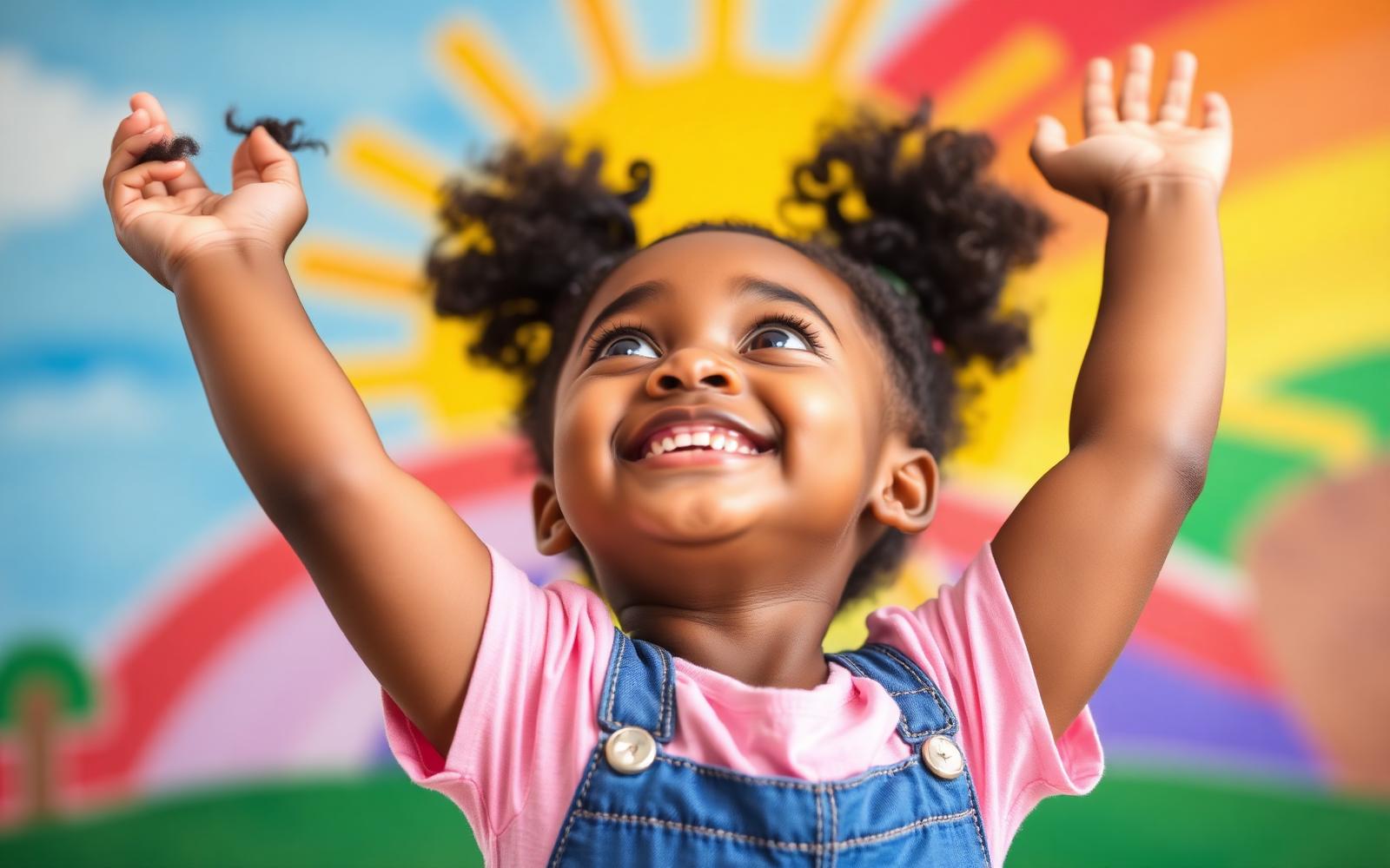 A joyful child with arms raised in front of a painted sun and rainbow mural